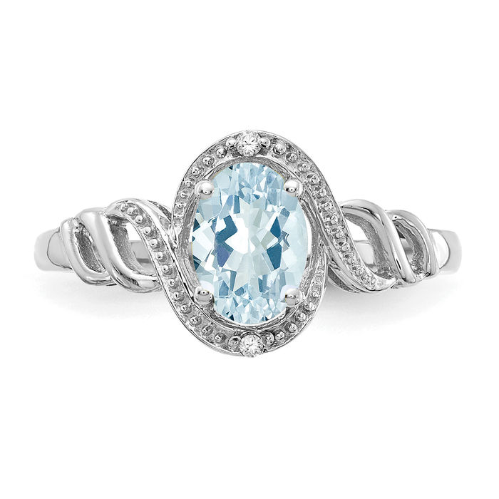 10K Solid White Gold Blue Aquamarine Diamond Ring Gemstone Band March Birthstone Jewelry