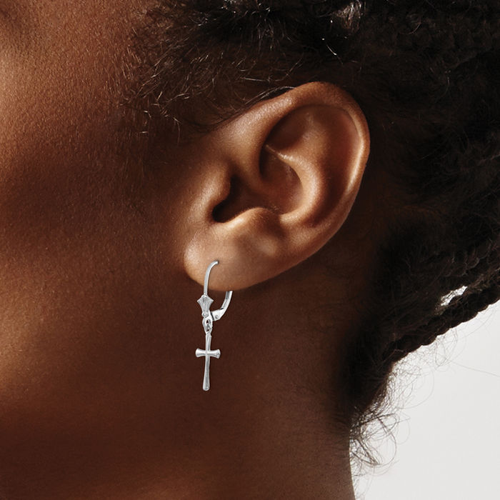 10K Solid White Gold Holy Cross Christian Religious Drop Dangle Earrings