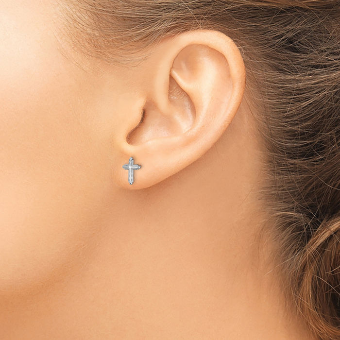 10K Solid White Gold Holy Cross Studs Religious Christian Earrings