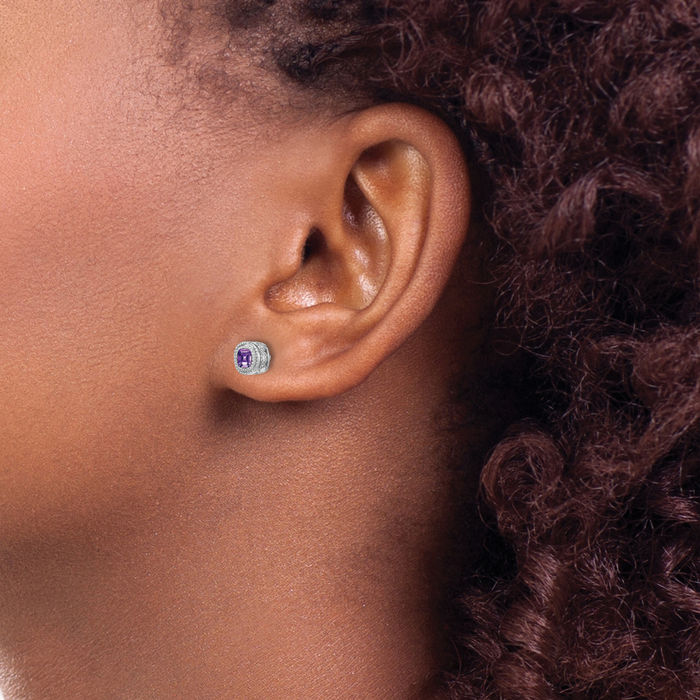 10K Solid White Gold Cushion-Cut Purple Amethyst Diamond Stud Solitaire Earrings February Birthstone Jewelry