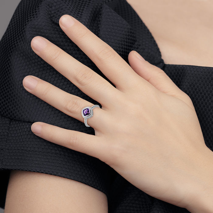 10K Solid White Gold Cushion-Cut Purple Amethyst Ring Gemstone Band