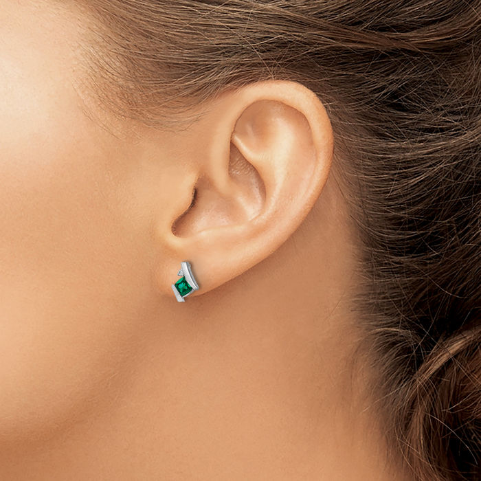 10K Solid White Gold Cushion-Cut Lab Green Emerald Diamond Stud Earrings May Birthstone Jewelry