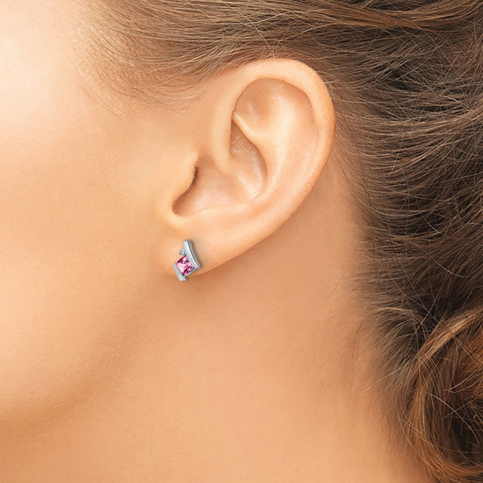 10K Solid White Gold Cushion-Cut Lab Pink Sapphire Diamond Stud Earrings October Birthstone Jewelry