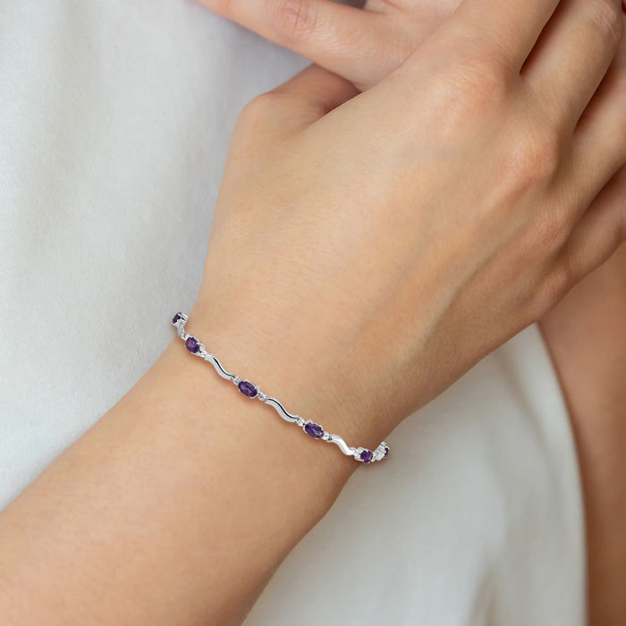 10K Solid White Gold Diamond Purple Amethyst Chain Gemstone Tennis Bracelet