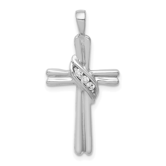 10K Solid White Gold Diamond Cross Necklace - Picture 4 of 5