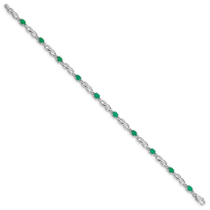 10K Solid White Gold Diamond Green Emerald Chain Gemstone Tennis Bracelet