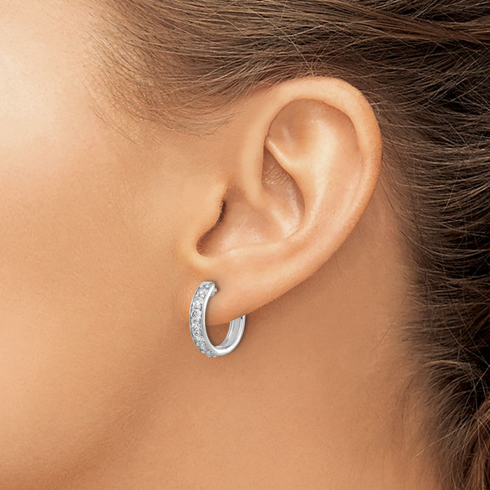 10K Solid White Gold Diamond Round Small Hoop Earrings