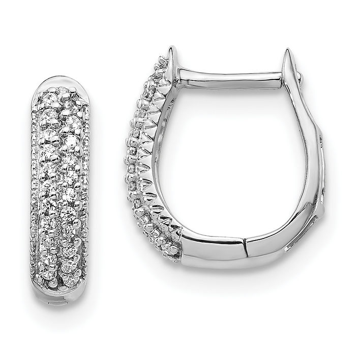 10K Solid White Gold Diamond Oval Huggie Small Hoop Earrings