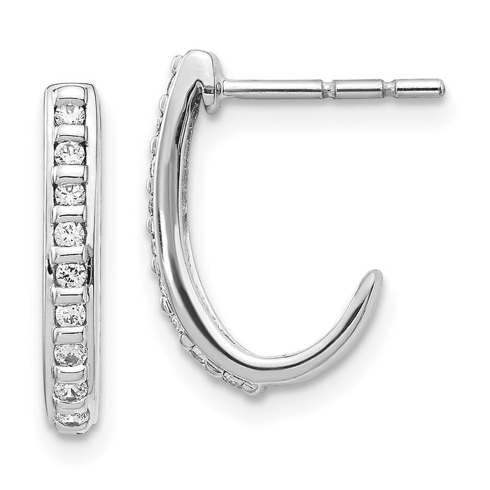 10K Solid White Gold Diamond J Hoop Earrings