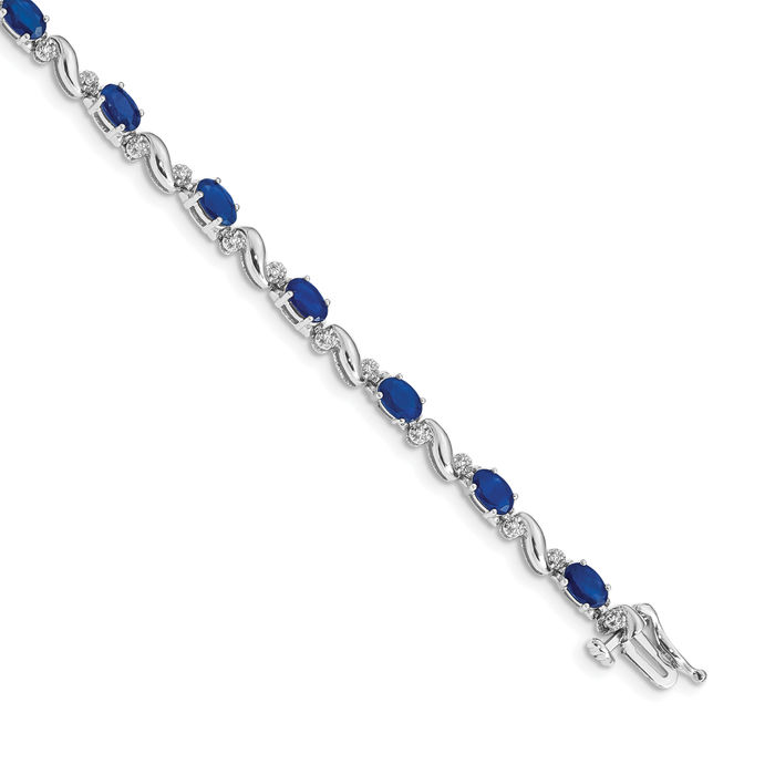 10K Solid White Gold Diamond Blue Sapphire Tennis Bracelet - Picture 11 of 12