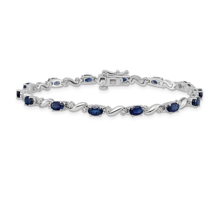 10K Solid White Gold Diamond Blue Sapphire Tennis Bracelet - Picture 9 of 12