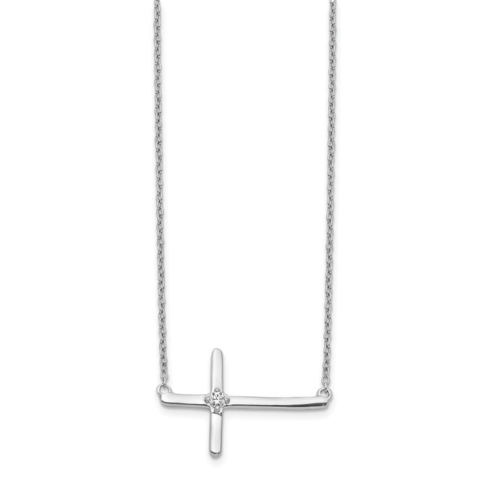 10K Solid White Gold Diamond Sideways Holy Cross Necklace Chain