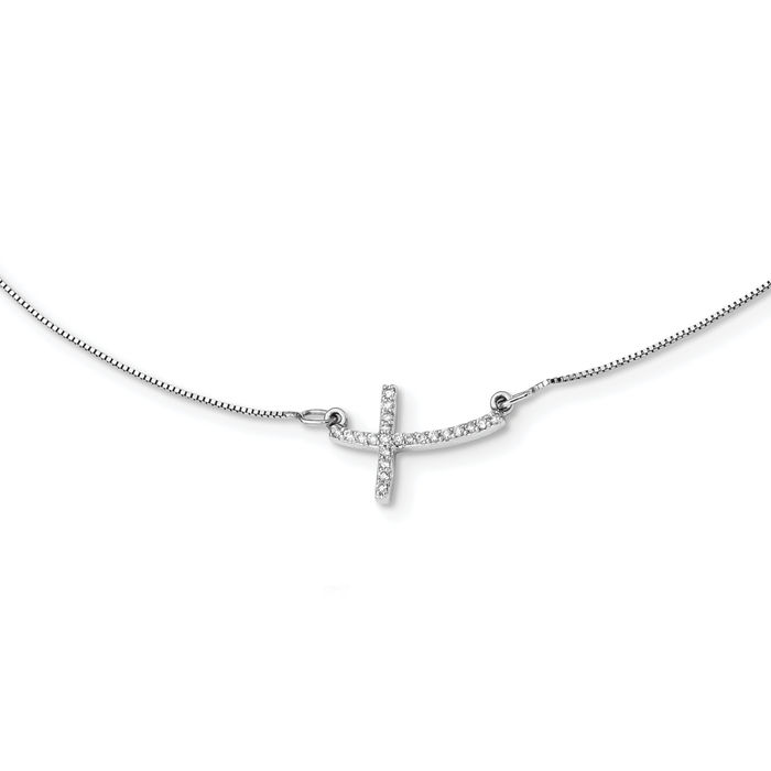 10K Solid White Gold Diamond Sideways Holy Cross Necklace Chain