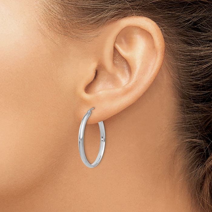 10K Solid White Gold Round Medium Hoop Earrings