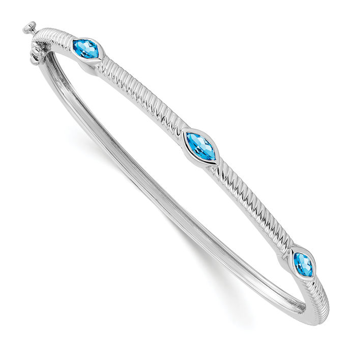 10K Solid White Gold Marquise Swiss Blue Topaz 3 Stone Bangle Bracelet - Picture 7 of 12