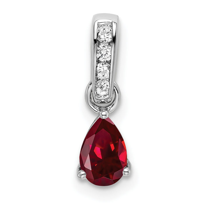 10K Solid White Gold Pear Lab Ruby Diamond Necklace - Picture 10 of 12