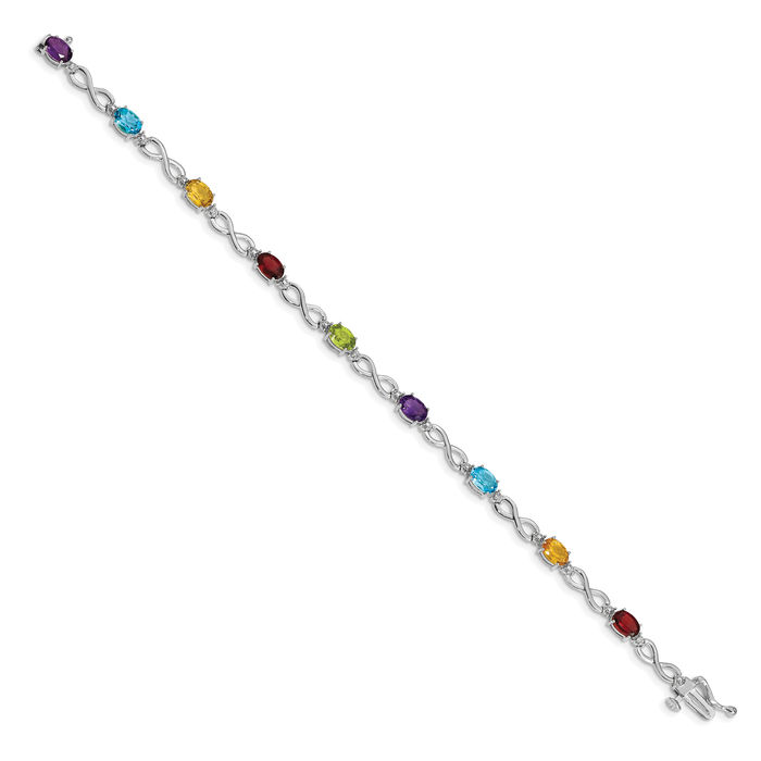 10K Solid White Gold Rainbow Multi-color Gemstone Diamond Infinity Twisted Love Knot Symbol Chain Bracelet