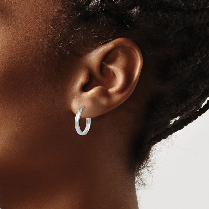 10K Solid White Gold Round Tube Small Hoop Earrings
