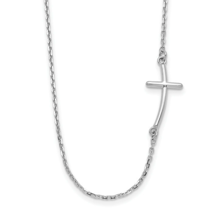 10K Solid White Gold Sideways Holy Cross Chain Necklace