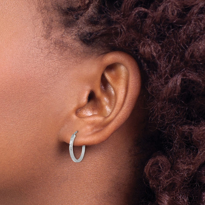 10K Solid White Gold Square Tube Endless Round Small Hoop Earrings