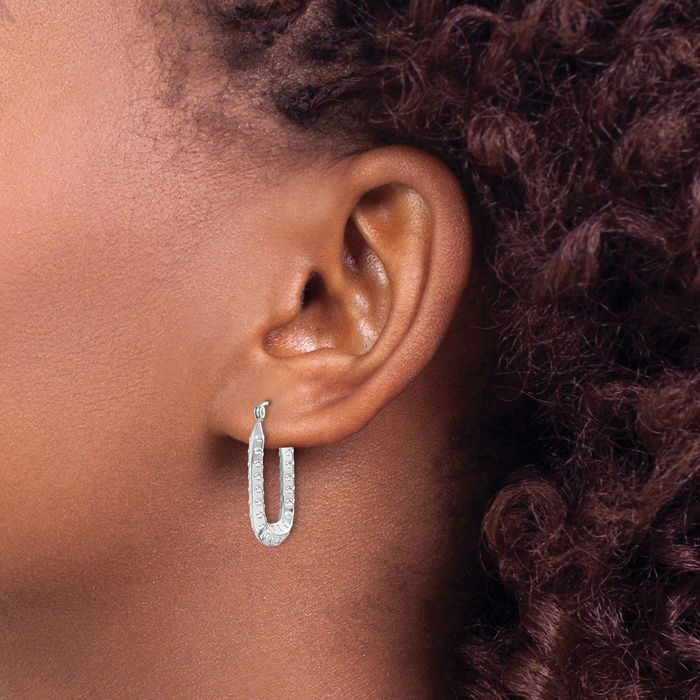 10K Solid White Gold Oval Medium Hoop Earrings