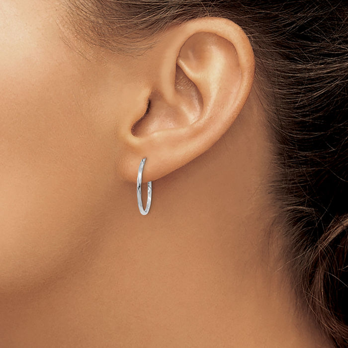 10K Solid White Gold Twisted Round Small Hoop Earrings