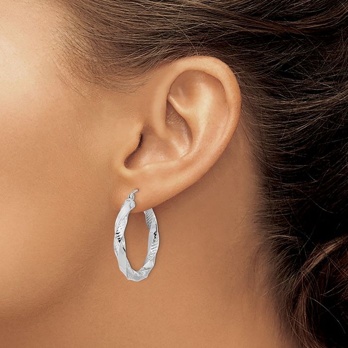 10K Solid White Gold Twisted Round Medium Hoop Earrings
