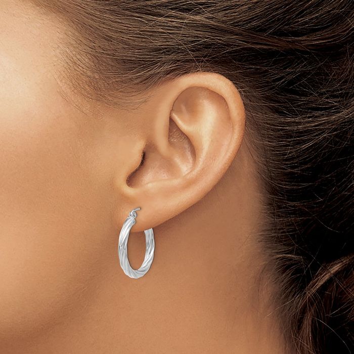 10K Solid White Gold Twisted Round Huggie Small Hoop Earrings
