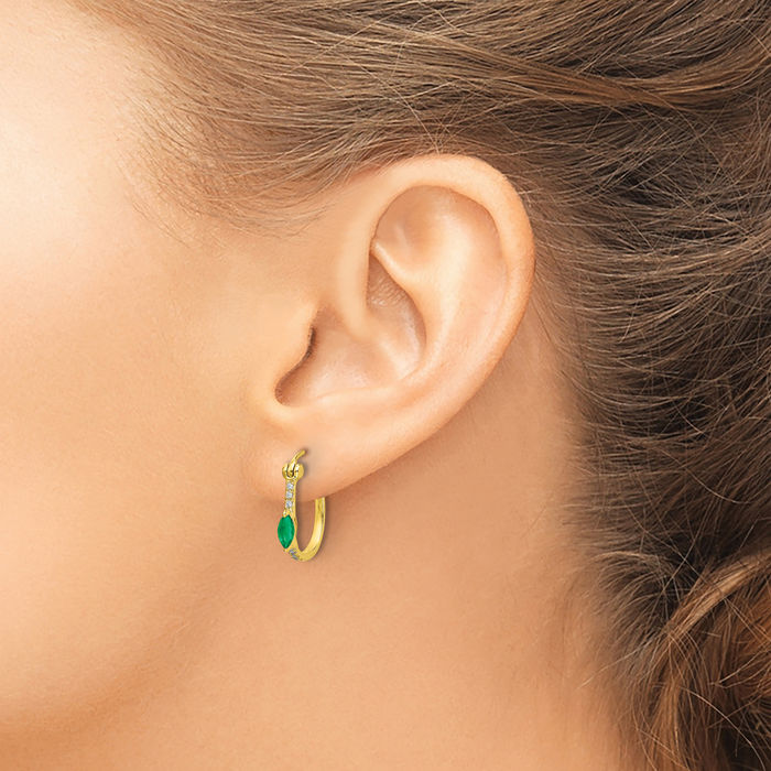 10K Solid Yellow Gold Diamond Green Emerald Small Hoop Drop Dangle Earrings Gemstone May Birthstone Jewelry