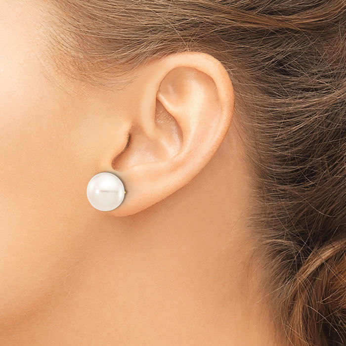 10K Solid Yellow Gold 11mm White Button Freshwater Cultured Pearl Stud Earrings
