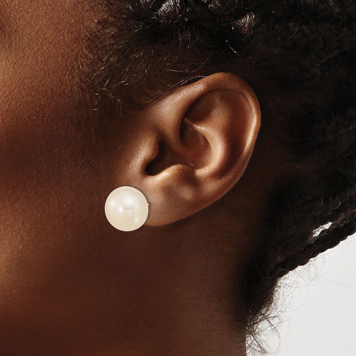 10K Solid Yellow Gold 13mm White Button Freshwater Cultured Pearl Stud Earrings