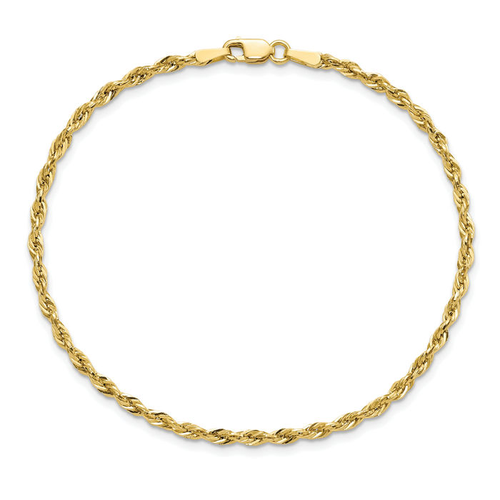 10K Solid Yellow Gold 2.25mm Rope Chain Bracelet