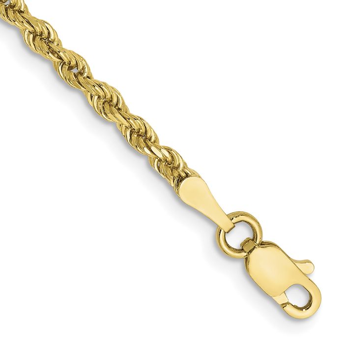 10K Solid Yellow Gold 2.25mm Rope Chain Bracelet