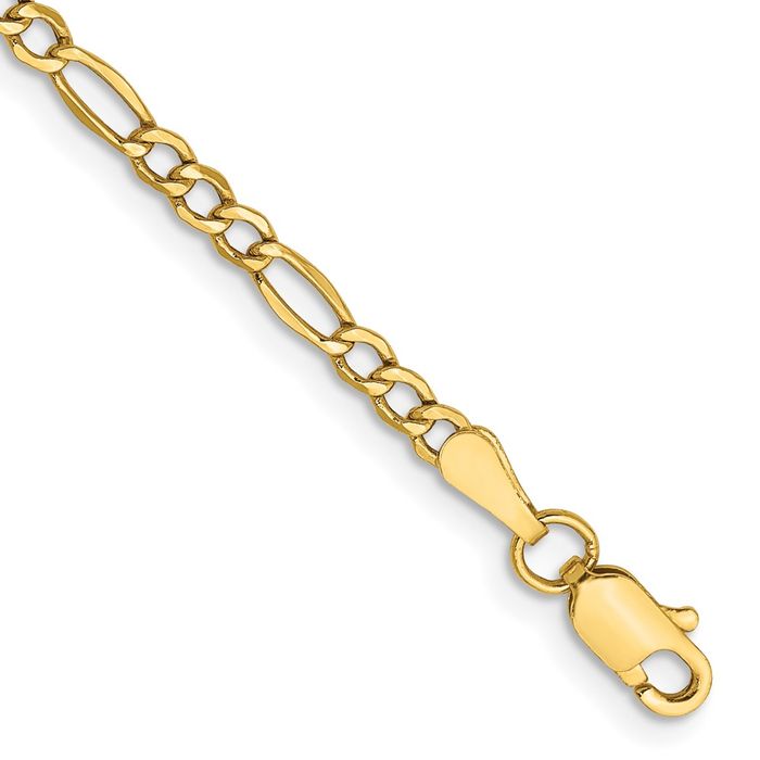 10K Solid Yellow Gold 2.5mm Figaro Link Chain Bracelet