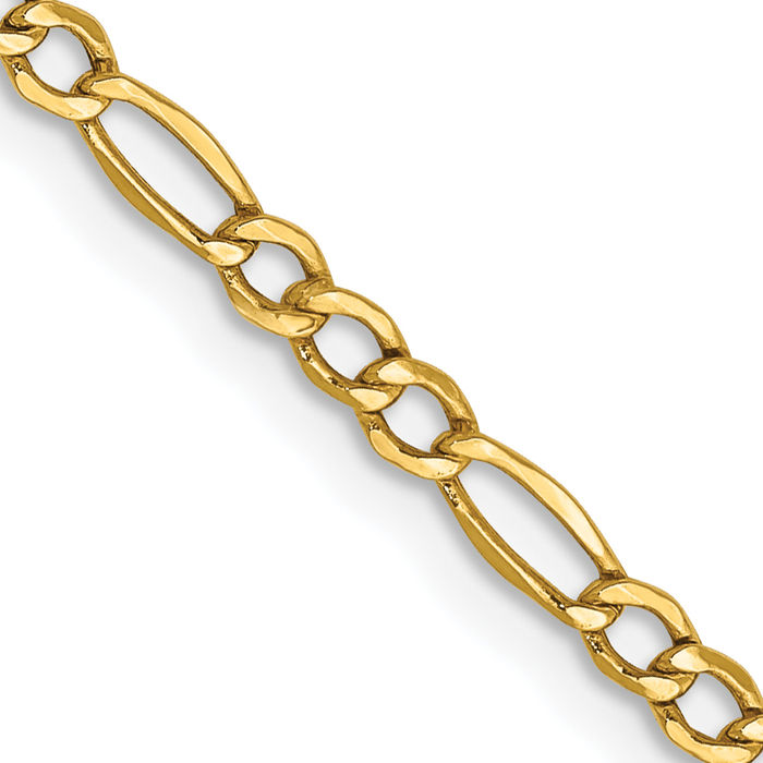 10K Solid Yellow Gold 2.5mm Figaro Link Chain Necklace