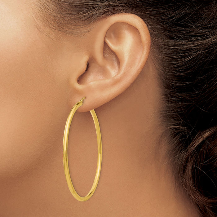 10K Solid Yellow Gold 2.5mm Tube Round Large Hoop Earrings