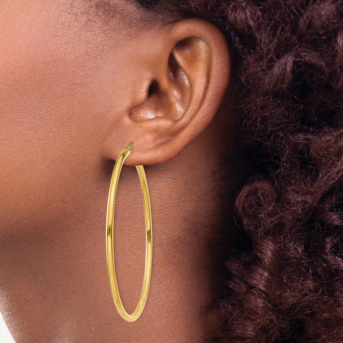 10K Solid Yellow Gold 2.5mm Tube Round Large Hoop Earrings