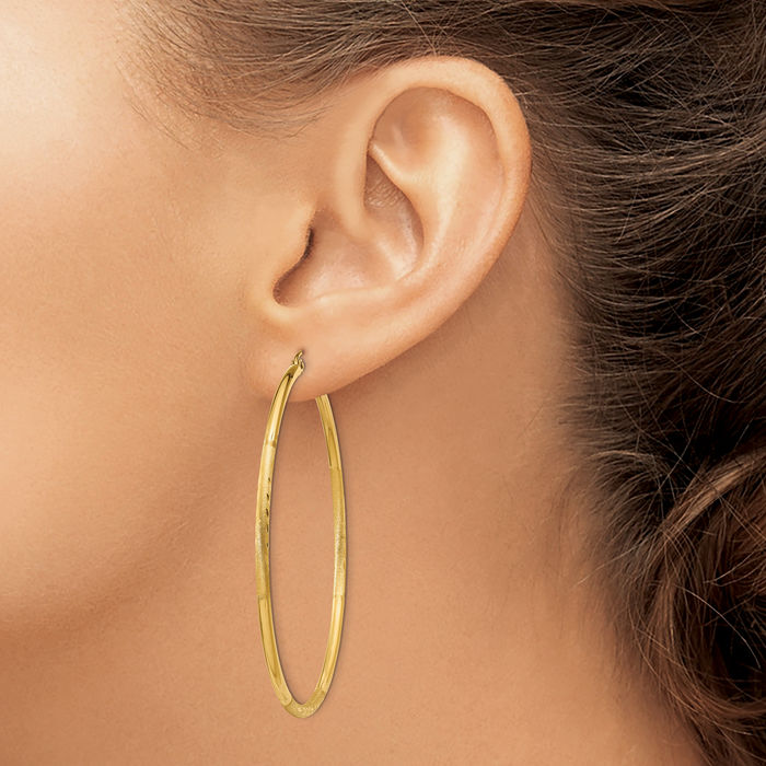 10K Solid Yellow Gold 2mm Round Tube Large Hoop Earrings