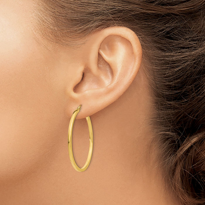 10K Solid Yellow Gold 2mm Square Tube Round Large Hoop Earrings