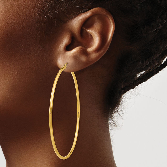 10K Solid Yellow Gold 2mm Tube Round Extra Large Hoop Earrings