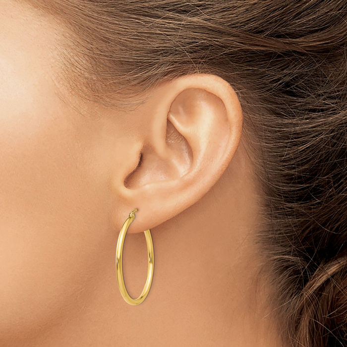 10K Solid Yellow Gold 2mm Tube Round Medium Hoop Earrings