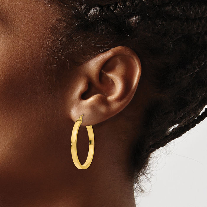 10K Solid Yellow Gold Square Tube Round Medium Hoop Earrings