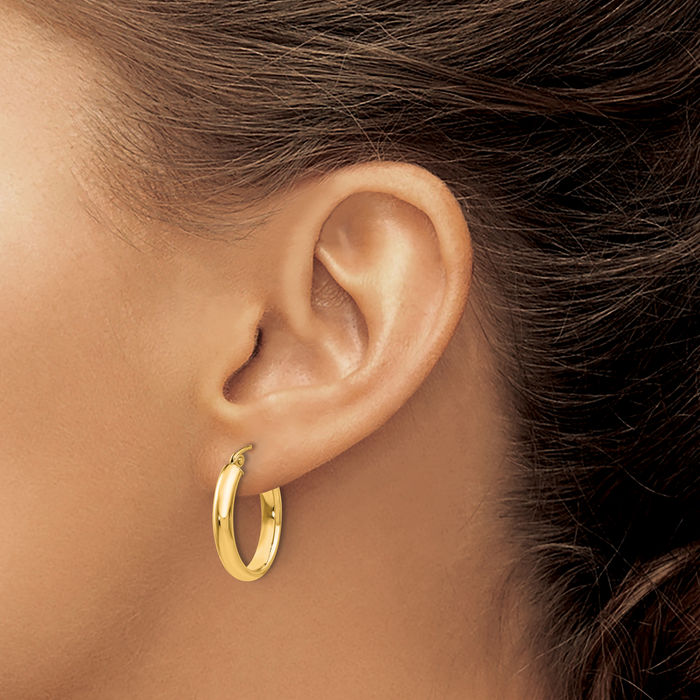 10K Solid Yellow Gold 3.75mm Oval Tube Medium Hoop Earrings