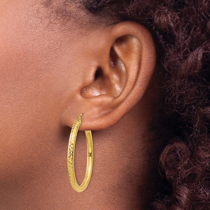 10K Solid Yellow Gold 3mm Round Medium Hoop Earrings