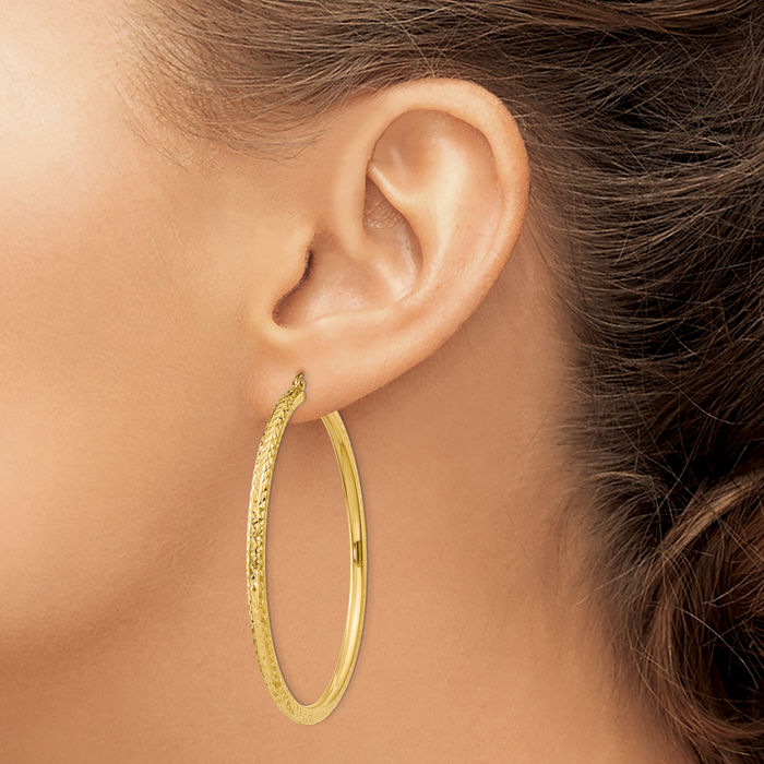 10K Solid Yellow Gold 3mm Round Large Hoop Earrings