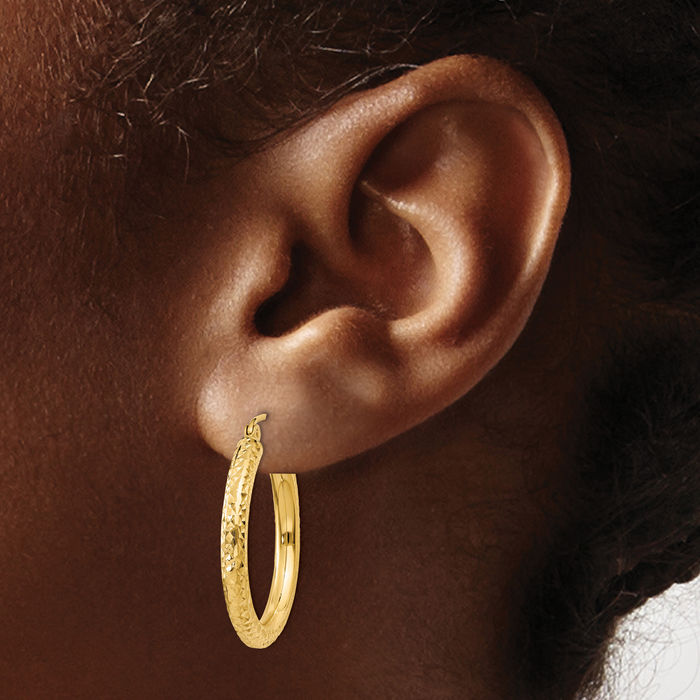 10K Solid Yellow Gold 3mm Round Medium Hoop Earrings