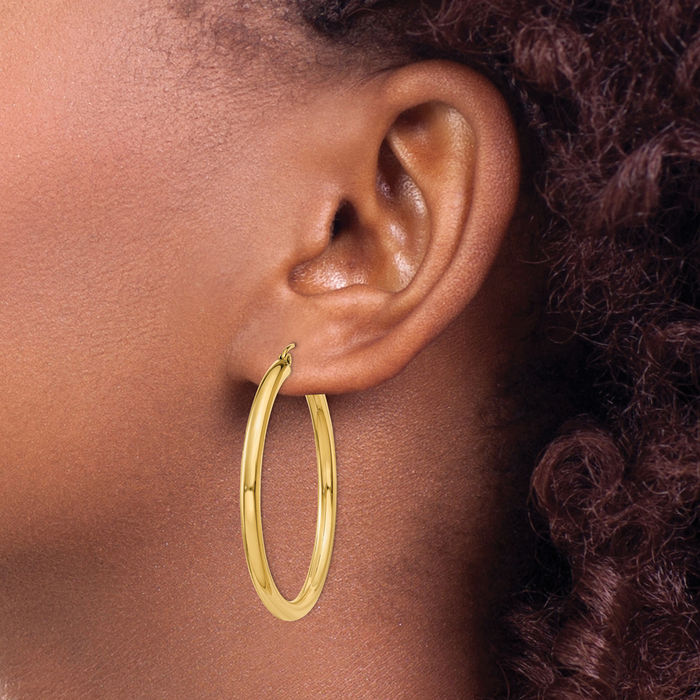 10K Solid Yellow Gold 3mm Tube Round Large Hoop Earrings