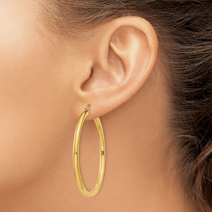 10K Solid Yellow Gold 3mm Tube Round Medium Hoop Earrings