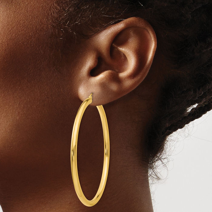 10K Solid Yellow Gold 3mm Tube Round Large Hoop Earrings