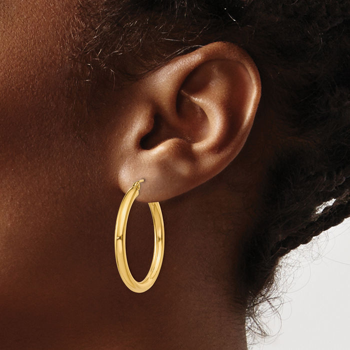 10K Solid Yellow Gold 3mm Tube Round Medium Hoop Earrings